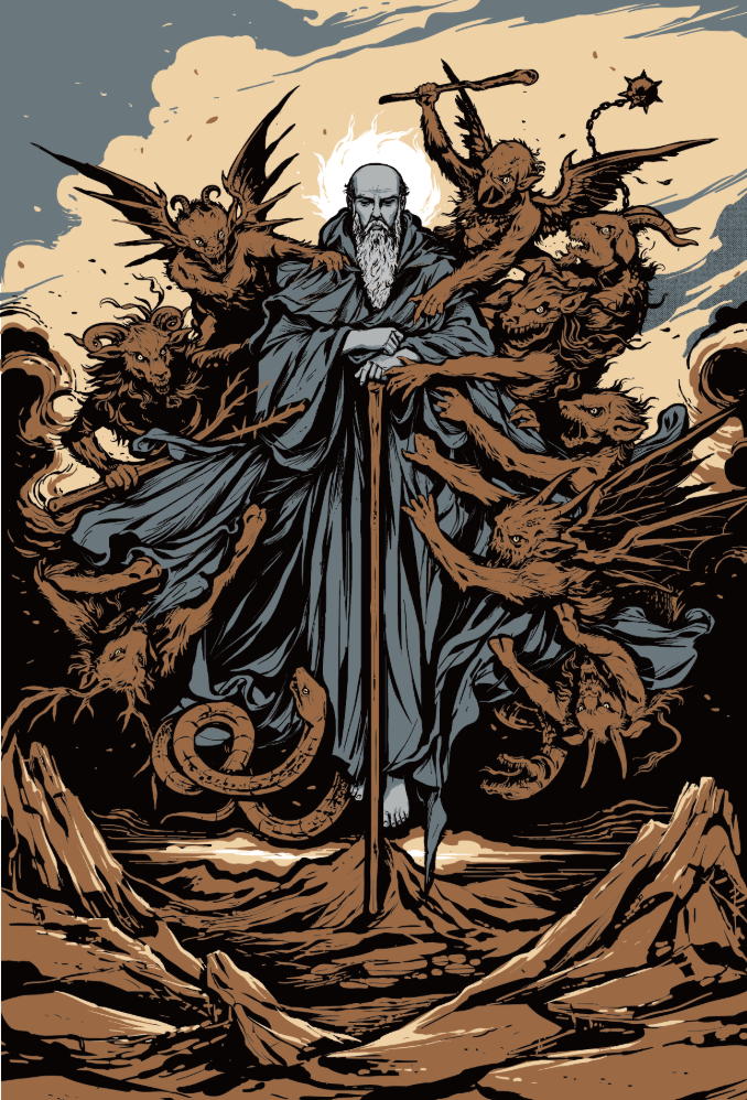 Artwork from the Spiritual Warfare holy card by Baritus Catholic.
