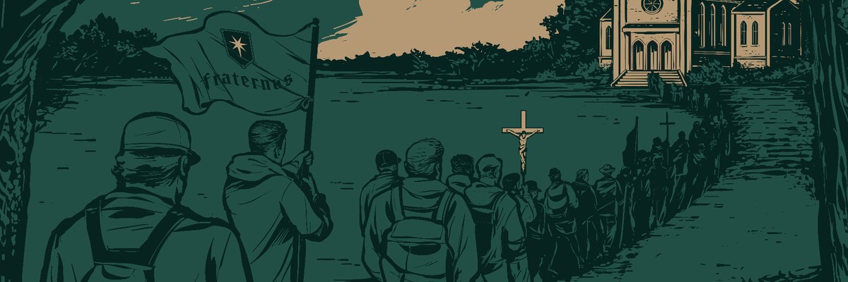 Fraternus men on pilgrimage, the Fraternus flag raised at the front of the procession.